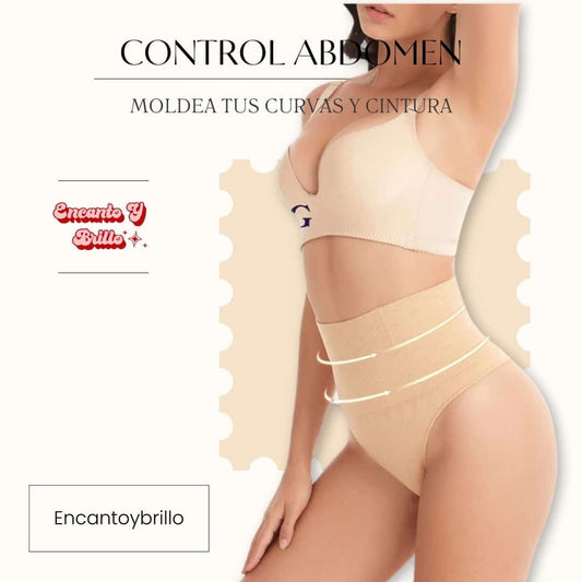 Panty hilo con control de abdomen y cintura alta, invisible bajo la ropa.

